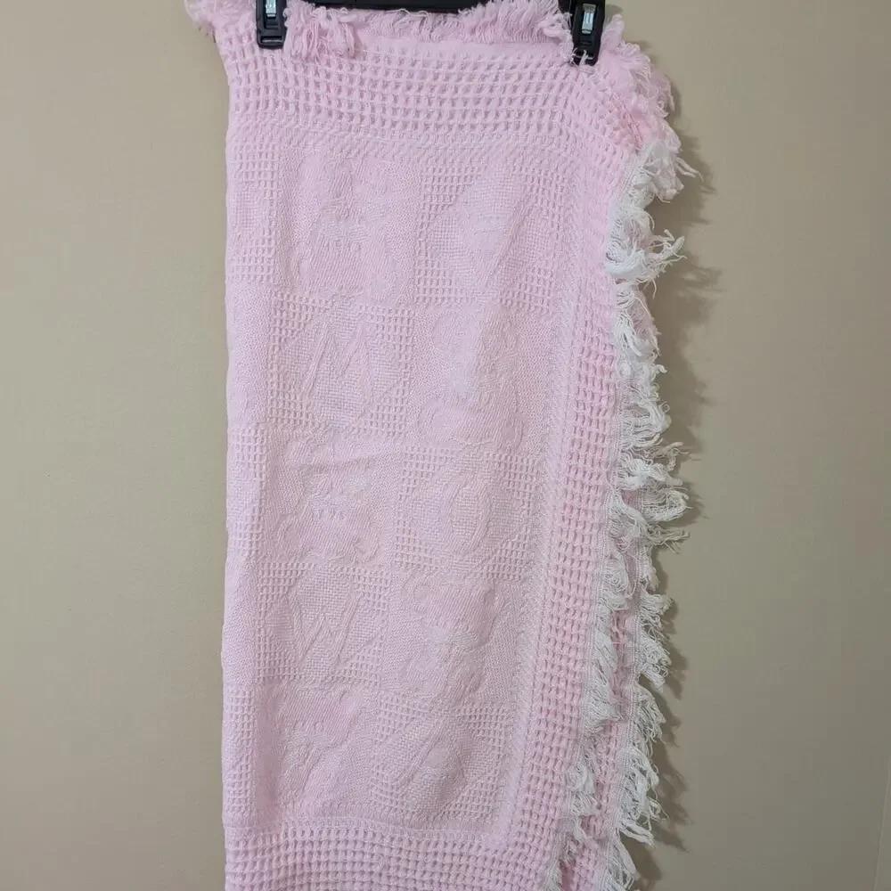 Pink Teddy Bear Baby Blanket 100% Acrylic Knit With White & Pink Fringe Trim